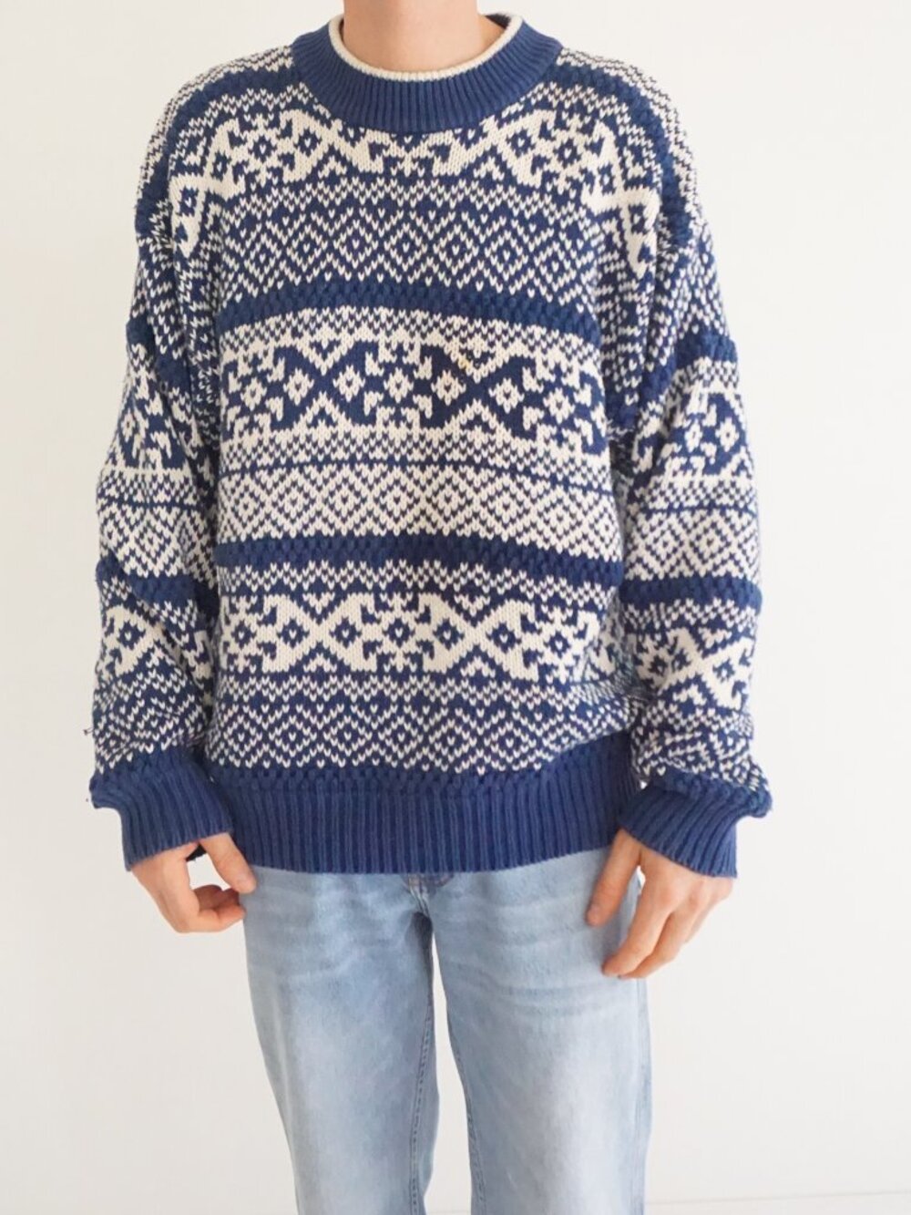 Vintage Eddie Bauer Blue White Fair Isle Reindeer Scandinavian Outdoor Sweater L